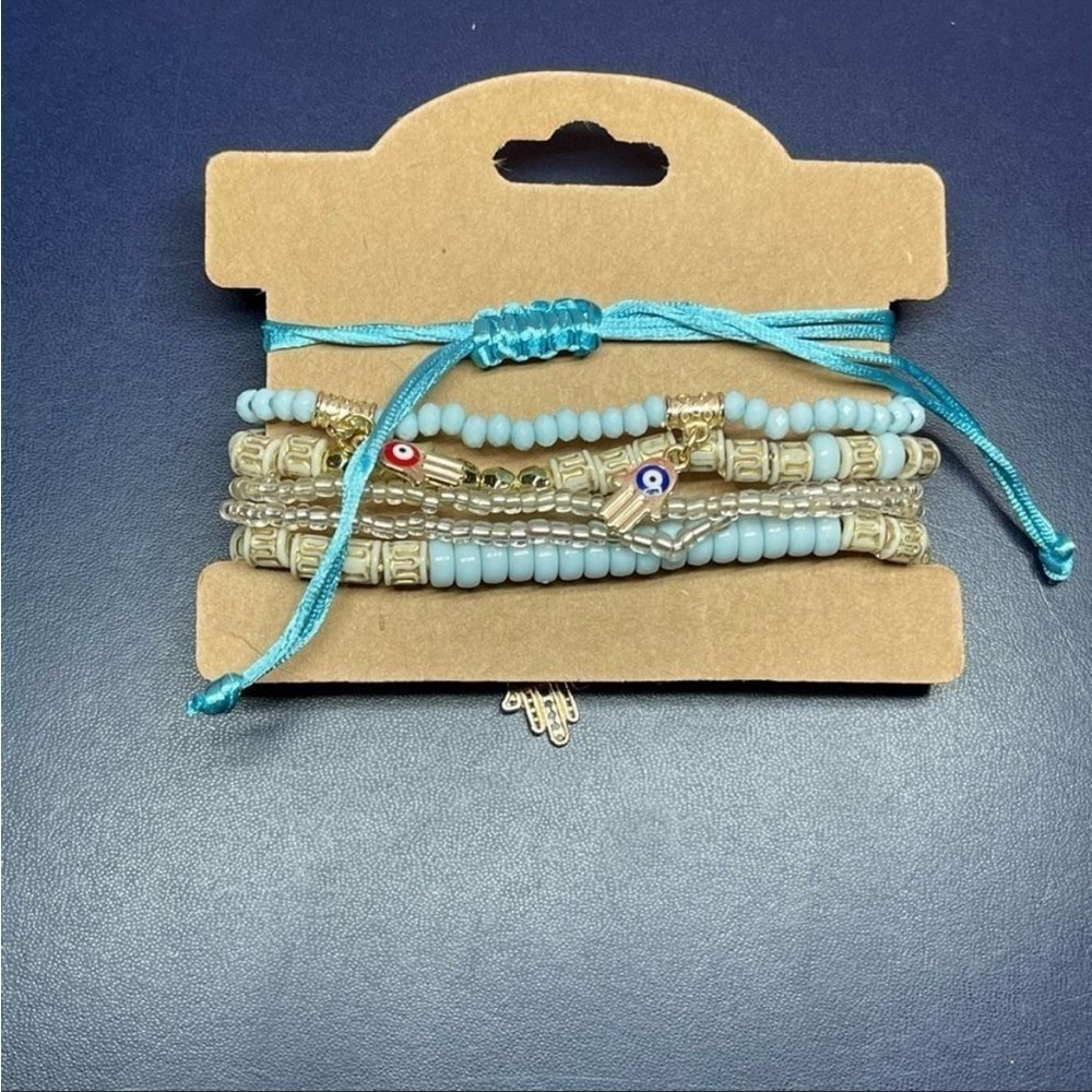 Light Blue WOMEN'S Beaded Multilayer Bracelet Set Boho Hamsa Evil Eye Pendant - Picture 3 of 3